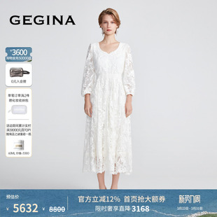 GEGINA吉吉娜V领白色蕾丝刺绣勾花连衣裙精致古典长裙商场同款
