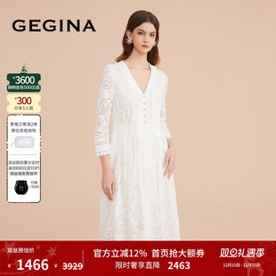 九分袖 GEGINA吉吉娜女装 纯棉连衣裙V领蕾丝拼接高端裙子 蕾丝