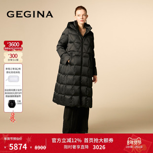 [云感鹅绒]GEGINA吉吉娜黑色保暖防风高端中长款加厚羽绒服外套
