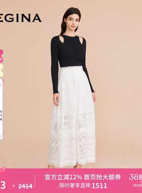 GEGINA吉吉娜女装纯棉百搭半身裙高腰蕾丝镂空气质半裙子商场同款