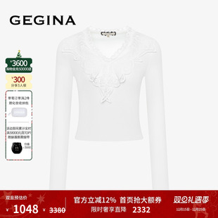 百搭短款 蕾丝拼接V领T恤修身 时髦上衣女 新品 GEGINA吉吉娜秋冬季