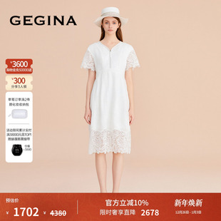 GEGINA吉吉娜商场同款 蕾丝花拼接亚麻连衣裙白色收腰中长裙子气质
