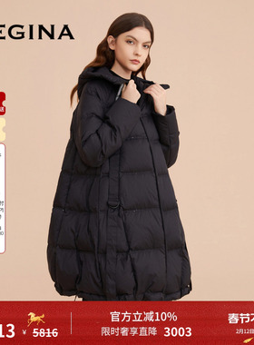【鹅绒】GEGINA吉吉娜新款女装黑色鹅绒保暖羽绒服中长款防风外套