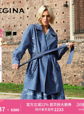 【印花】GEGINA吉吉娜25新品凤凰花干练气质风衣古典蓝色外套女