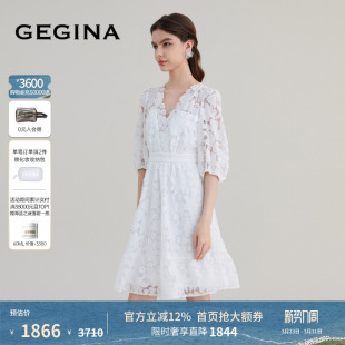 GEGINA吉吉娜女装春夏商场同款蕾丝镂空连衣裙V领高级感收腰裙