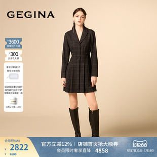 GEGINA吉吉娜早秋新品绵羊毛混纺连衣裙收腰格子长袖裙子职业气质