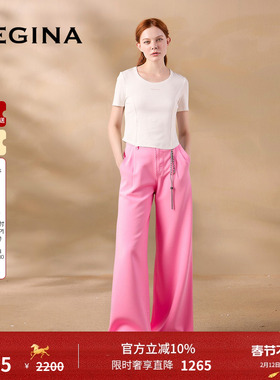 GEGINA吉吉娜早春季新品直筒粉红色休闲裤高腰显瘦亮色时髦长裤女