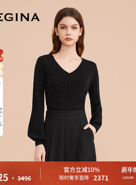 GEGINA吉吉娜女装新款绵羊毛混纺V领短款毛针织衫黑色百搭上衣女
