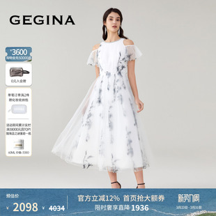 高级感收腰纱裙商场同款 GEGINA吉吉娜圆领露肩连衣裙长款 绣花
