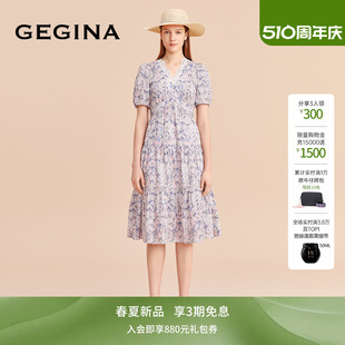 GEGINA吉吉娜新款 蕾丝领纯棉连衣裙女中长款 100%棉 印花裙