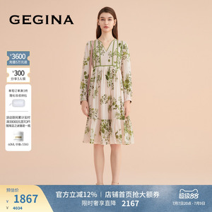 GEGINA吉吉娜商场同款长袖V领连衣裙中长款印花气质高级感裙子女