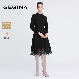 【蕾丝】GEGINA吉吉娜黑色纯羊毛连衣裙女中长款显瘦长袖绣花女裙