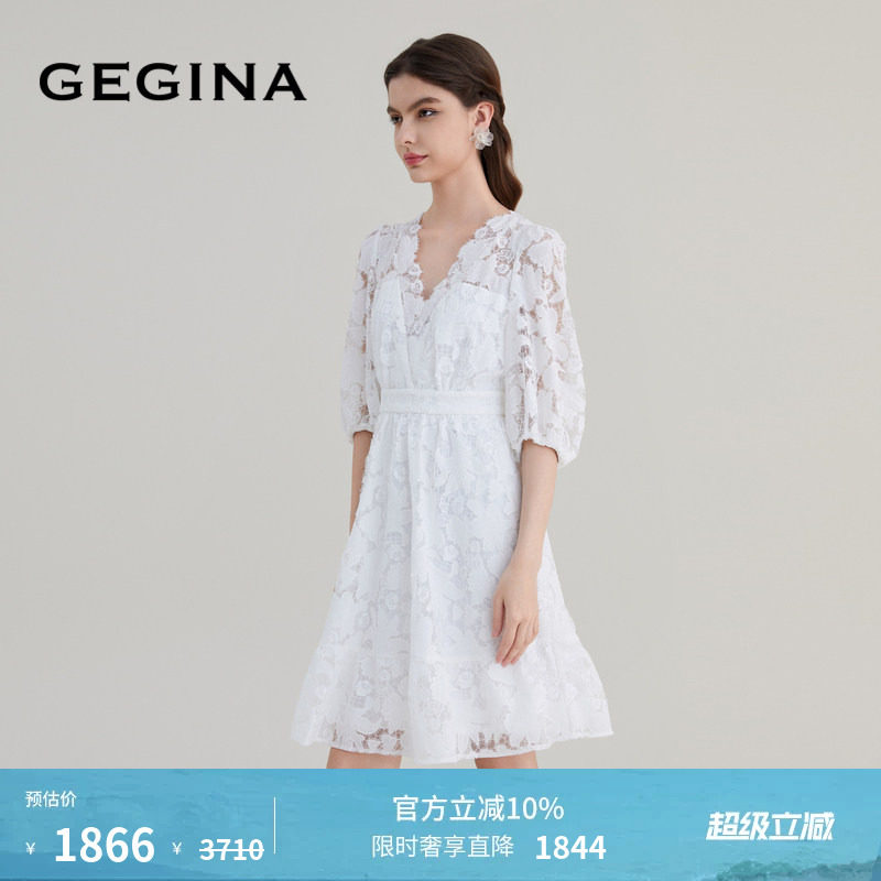 GEGINA吉吉娜女装春夏商场同款蕾丝镂空连衣裙V领高级感收腰裙