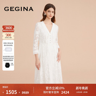 九分袖 GEGINA吉吉娜女装 纯棉连衣裙V领蕾丝拼接高端裙子 蕾丝