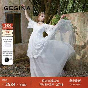 蕾丝连衣裙女高腰花瓣袖 法式 中长裙子气质 新品 GEGINA吉吉娜早春季