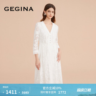 GEGINA吉吉娜女装 九分袖 纯棉连衣裙V领蕾丝拼接高端裙子 蕾丝