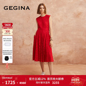 GEGINA吉吉娜夏季 蕾丝气质裙子 中长款 新品 圆领红色连衣裙显瘦无袖