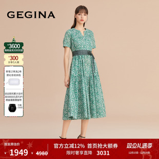 印花纯棉连衣裙女中长款 GEGINA吉吉娜新款 印花长裙 纯棉