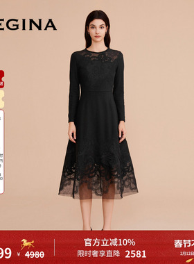 [绵羊毛]GEGINA吉吉娜新款拼接蕾丝黑色软糯羊毛中长连衣裙小黑裙