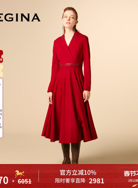GEGINA吉吉娜V领收腰连衣裙修身显瘦红色高级奢华裙子商场同款