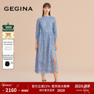 蓝色绣花蕾丝连衣裙女气质中长款 GEGINA吉吉娜新款 女裙子 蕾丝