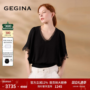 显瘦时髦气质短款 V领黑色雪纺衫 上衣 新品 GEGINA吉吉娜2025春夏季