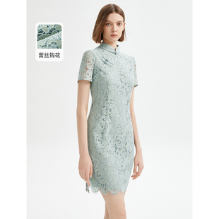 连衣裙夏季 旗袍裙女新款 裙子 气质复古高级感蕾丝短袖 朗姿新中式
