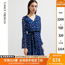 朗姿不易皱广袖真丝裙2021年秋季新款蓝色收腰波点桑蚕丝连衣裙图片