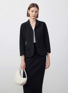 [朗姿奥莱]朗姿三醋酸高级感气质黑色西服外套女2024年春新款高级