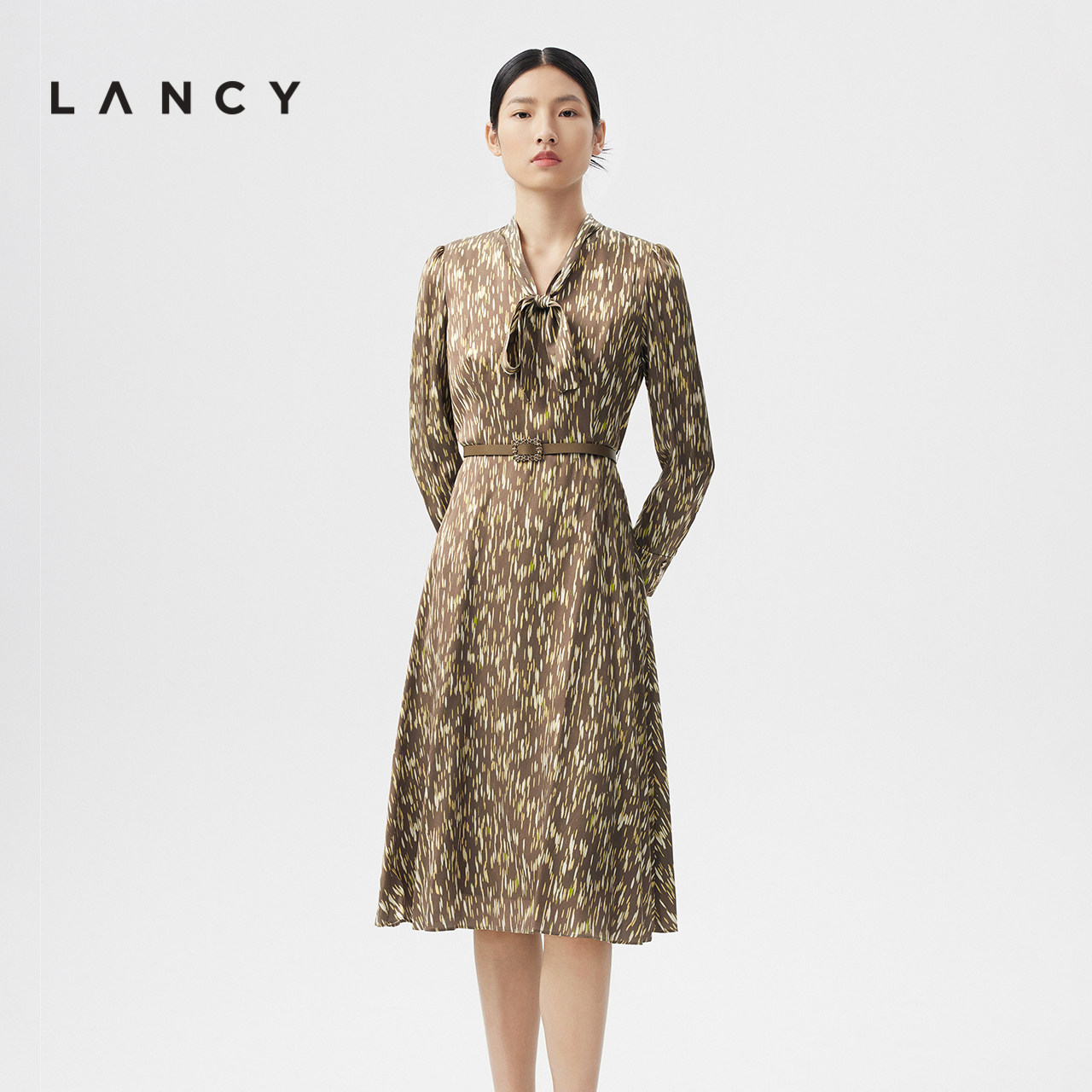 lancy/朗姿2023春季新款桑蚕丝印花飘带长袖连衣裙收腰