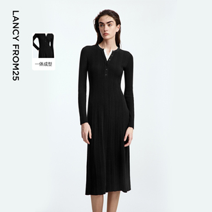 朗姿高腰a字假两件针织连衣裙设计感气质小黑裙2025年秋季新款女