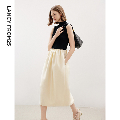 朗姿设计感法式拼接无袖针织裙子女2024秋季新款气质高级感连衣裙