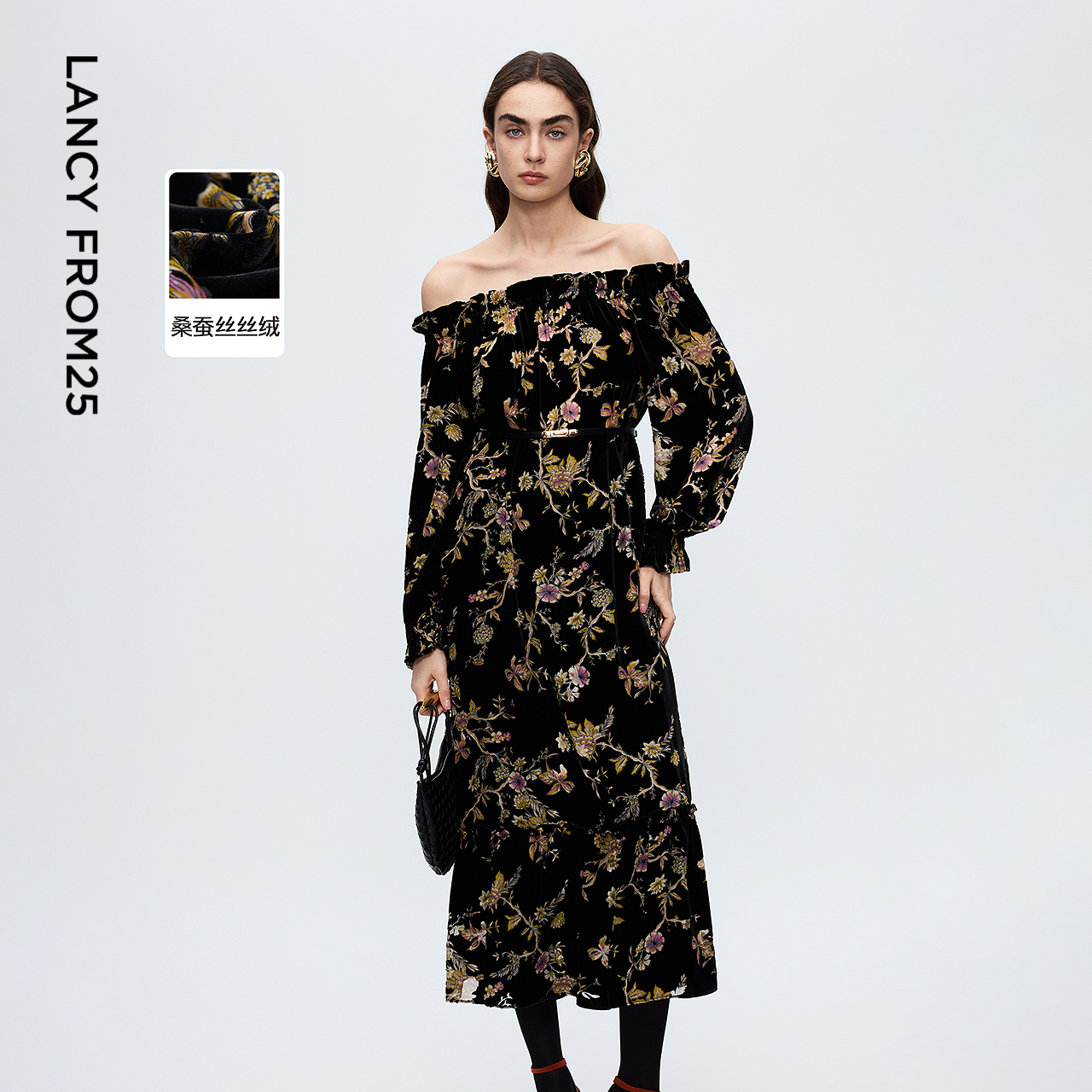 烧花雕印 桑蚕丝丝绒 复古灯笼袖