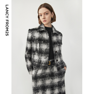 [朗姿奥莱]朗姿羊毛复古格纹休闲夹克翻领短外套女冬季新款上衣高