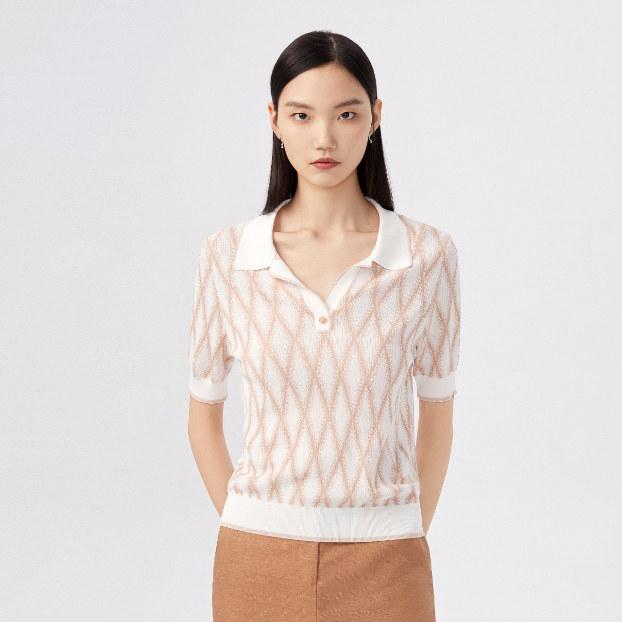 [朗姿奥莱]LANCY/朗姿女装夏季翻领几何印花短袖针织衫女复古通勤图片