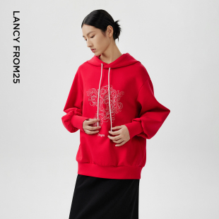 新款 朗姿2024春季 LANCY 红色喜庆连帽抽绳宽松卫衣女时 朗姿奥莱