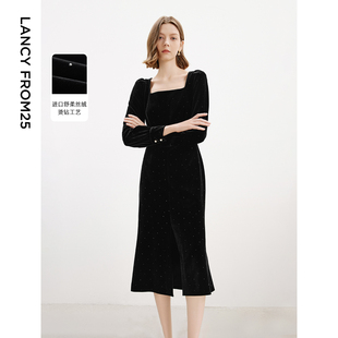 朗姿2024冬季新款法式气质方领泡泡袖长袖收腰显瘦鱼尾丝绒连衣裙
