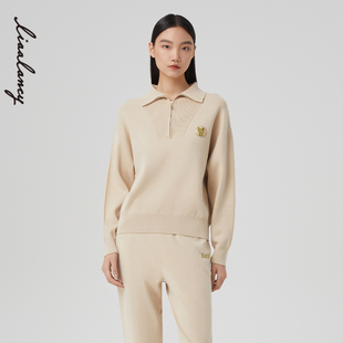 朗姿奥莱 翻领宽松长袖 LANCY 新款 针织T恤高级感通 俪雅2023春季