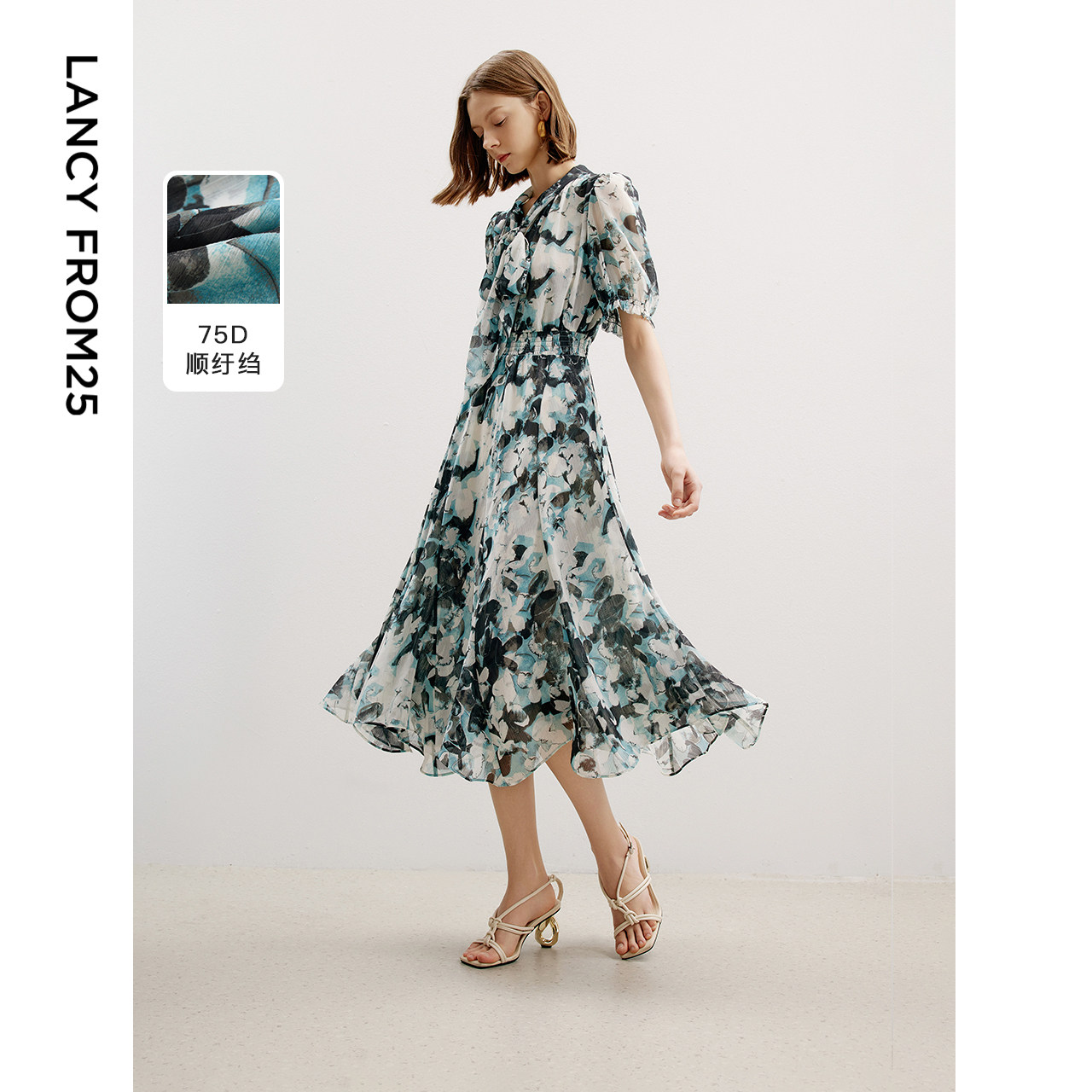 系带圆领 复古泡泡袖 打揽收腰