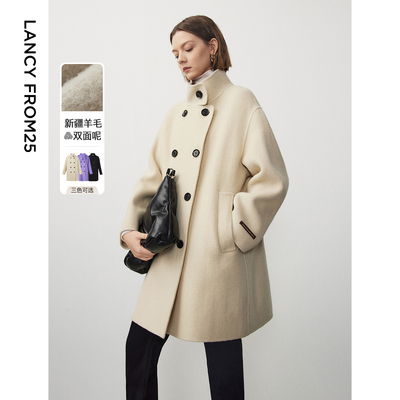 [朗姿奥莱]朗姿羊毛中长款加厚正肩双面呢毛呢大衣气质女士新款冬