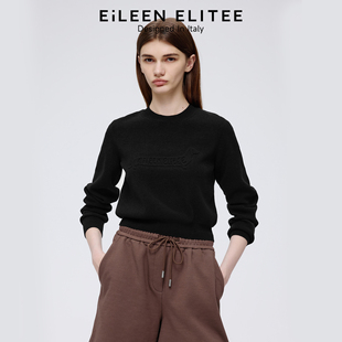 新款 朗姿黑色圆领压印长袖 ELITEE2025年冬季 女欧洲EiLEEN 针织衫