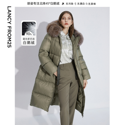 朗姿霍尔多巴吉白鹅绒冬季新款中长款银狐狸毛领羽绒服外套大衣女