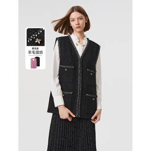 新款 女流行内搭叠穿春季 复古小香风马甲外套无袖 朗姿羊毛法式