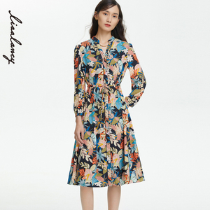 [朗姿奥莱]LANCY/朗姿女装春夏奥莱中长款印花连衣裙子女商场同款