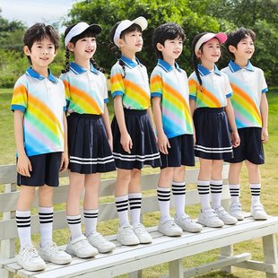 连衣裙夏装 幼儿园班服演出服学院风拍照红色条纹衫 短袖 衬衫 班级