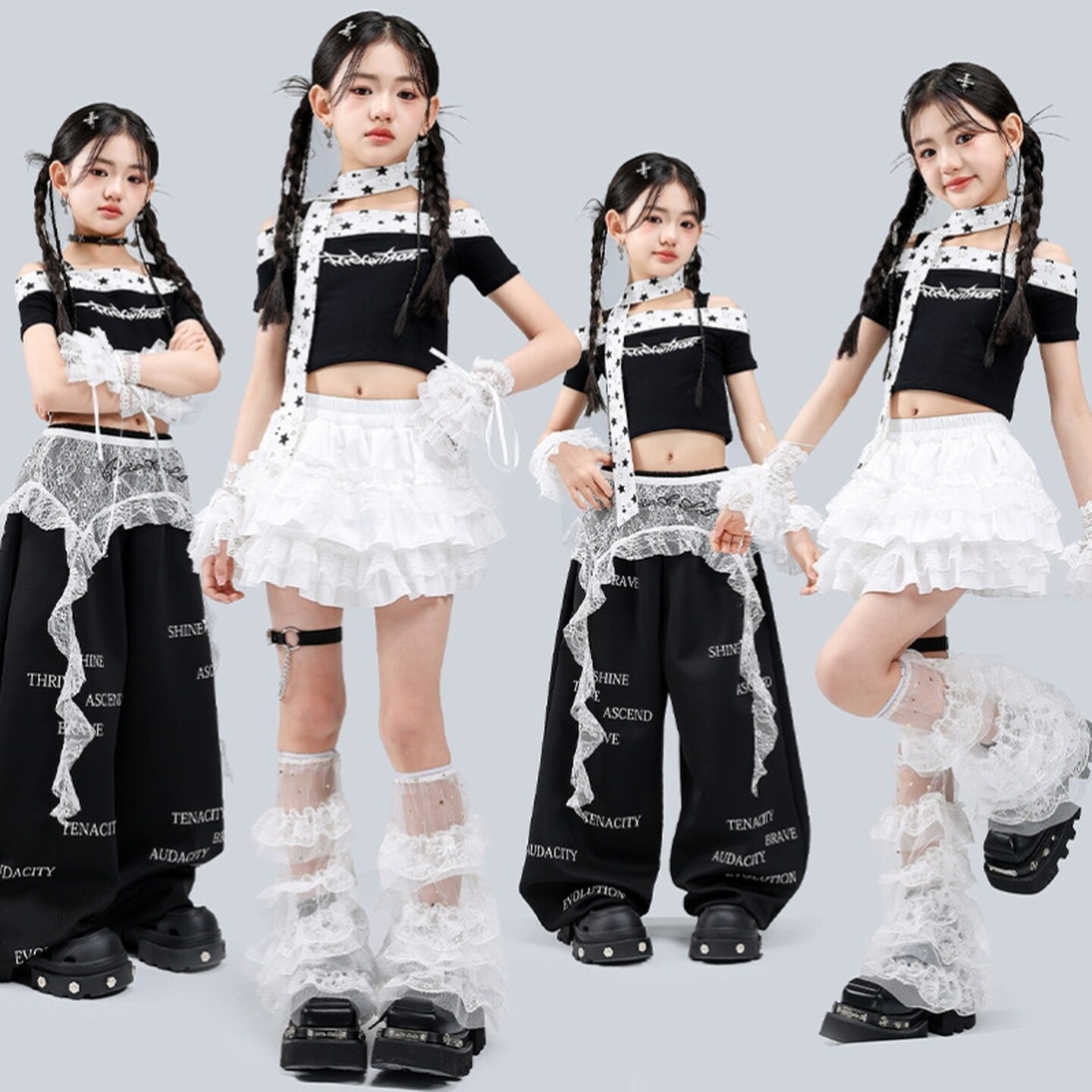 街舞儿童潮服hiphop演出服兔子露脐时髦银色少儿豹纹夏天网纱露背