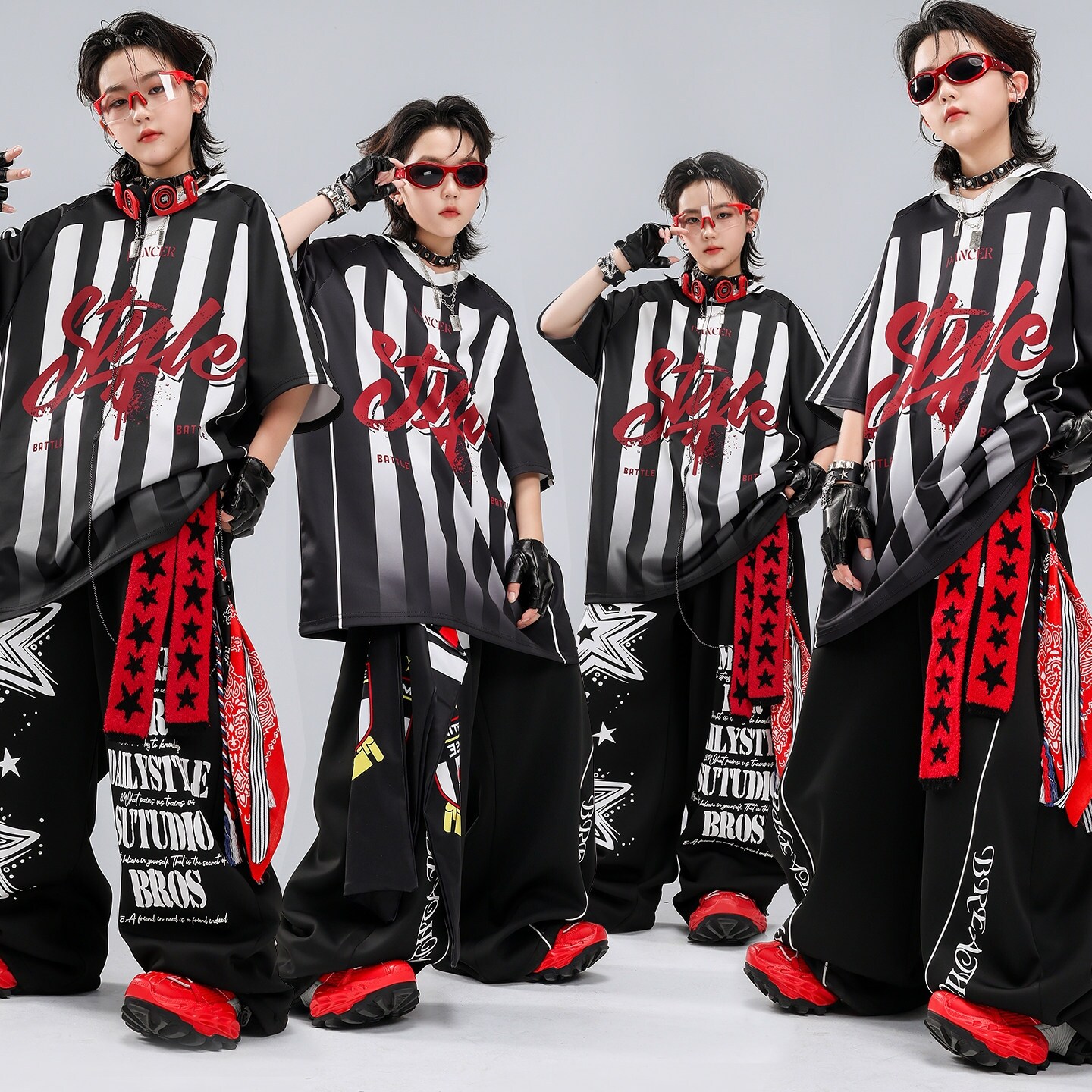 街舞服女童嘻哈衬衫端午少儿表演服男孩短袖黑皮潮服黑黄网孔皮衣
