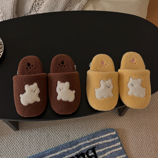 居家室内加绒包头保暖静音防滑软底 秋冬季 可爱卡通小狗棉拖鞋 女款
