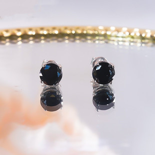 PT950铂金1克拉黑玛瑙单钻耳钉纯银圆钻方形耳饰四爪简约百搭男女