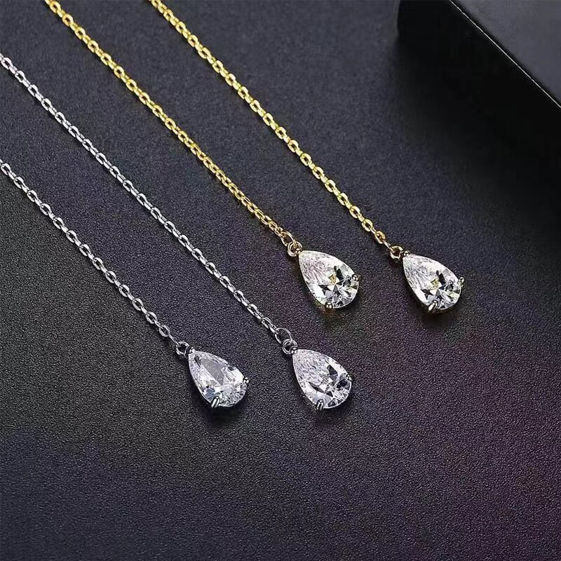 18K黄金单钻D色莫桑石气质水滴白金耳线时尚纯银个性流苏耳坠精致